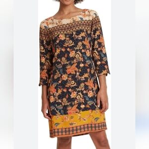 Desigual Paula Orange Blue Floral Shift Dress Boho Womens Size 42 US 12